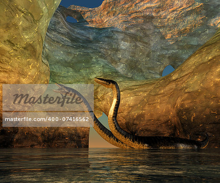 A Plesiosaurus captures a Eurohinosaurus marine reptile in a sea cave off the coast of Jurassic Seas.
