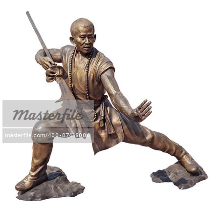 Shaolin warriors monk in Chinese Temple Viharn Sien, Chonburi, Thailand. Bronze statue isolated on white with clipping path
