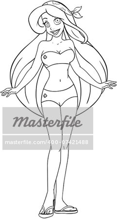 Vector illustration coloring page of a woman in swimsuit and sandals.