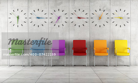 Waiting room with colorful chairs and clocks - rendering