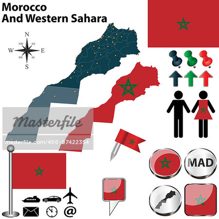 Vector of Morocco And Western Sahara set with detailed country shape with region borders, flags and icons