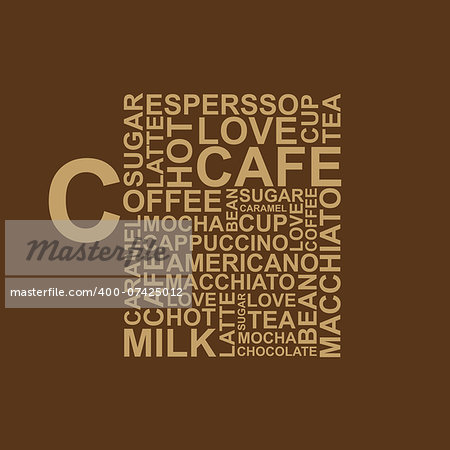 Coffee cup typography words on brown background