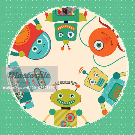 Vintage Retro Robots Card Illustration, Banner, Background