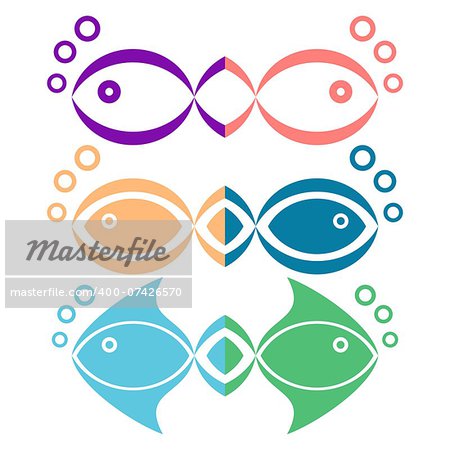 Various colorful fish icons with bubbles on white