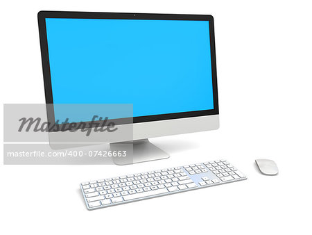 Modern desktop computer with white blank screen isolated on white background