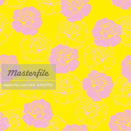 Seamless floral vector pattern with pink retro roses on neon sunny yellow background. Beautiful abstract vintage texture with pink flowers for funky website design or neon spring desktop wallpaper.