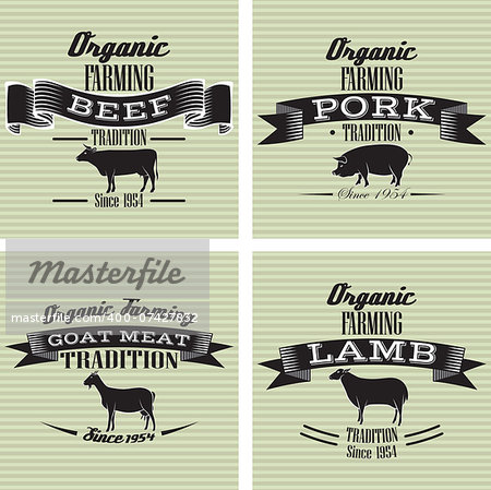 icons on vintage background pig, cow, sheep, goat