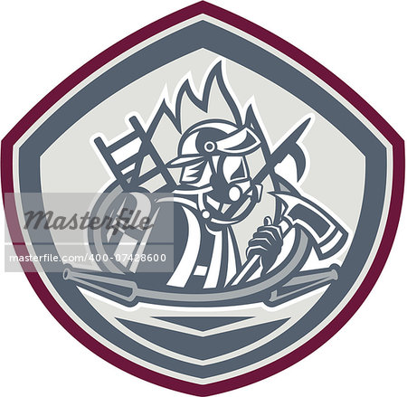 Illustration of a fireman fire fighter emergency worker viewed from side with fire axe and hook pike pole ladder and hose set inside shield done in retro style.