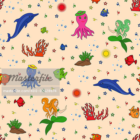 Marine life, hand drawing seamless vector illustration. Dolphin, mermaid, octopus, fishes, coral and seaweed on the seabed