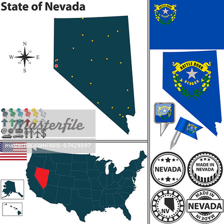 Vector set of Nevada state with flag and icons on white background