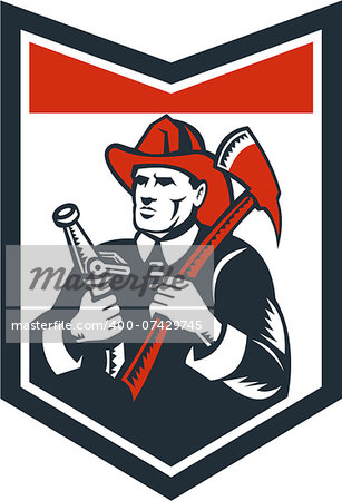 Illustration of a fireman fire fighter emergency worker looking up holding fire hose and fire axe inside shield done in retro woodcut style.