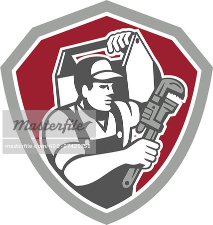 Illustration of a plumber carrying toolbox on shoulder and holding monkey wrench set inside shield facing side done in retro style on isolated background.