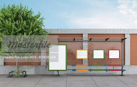 Bus stop in a urban street with blank  billboards - rendering