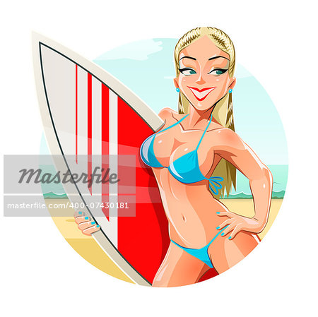 Girl with surfing board on beach. Eps10 vector illustration. Isolated on white background