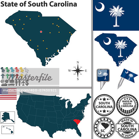 Vector set of South Carolina state with flag and icons on white background