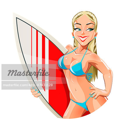Girl with surfing board. Eps10 vector illustration. Isolated on white background