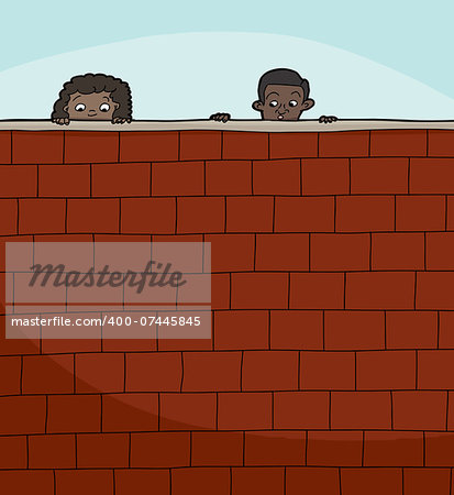 Pair of cute children peeking over brick wall