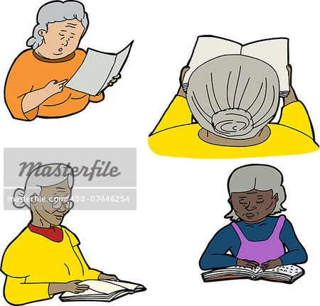 Drawings of senior women reading over white background