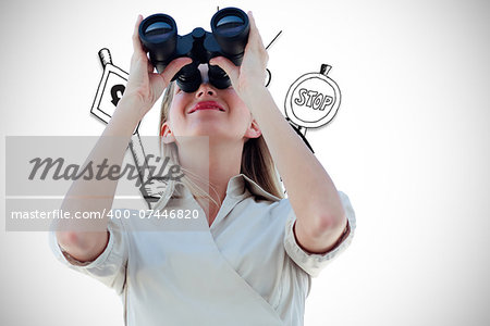 Businesswoman looking through binoculars against directions illustration