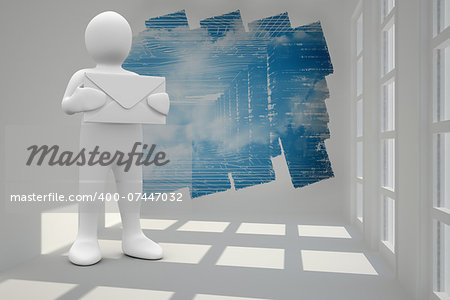 White character holding message against abstract screen in room showing technology interface