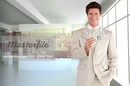 Positive businessman looking at the camera against abstract screen in room showing cityscape