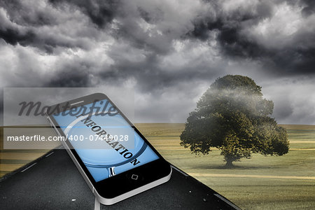 Information on smartphone screen against misty green landscape with street