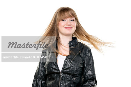 Blond girl with a black leather jacket and waving blond hair