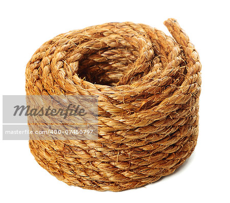 Roll of hemp rope on pure white background