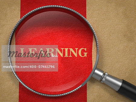 Learning concept. Magnifying Glass on Old Paper with Red Vertical Line Background.