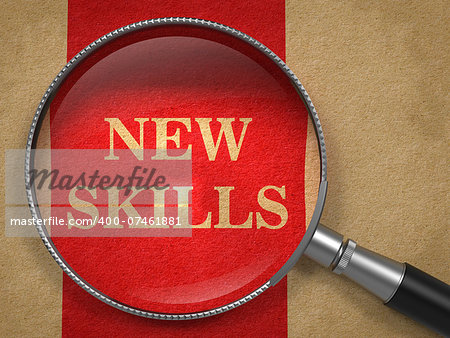 New Skills concept. Magnifying Glass on Old Paper with Red Vertical Line Background.