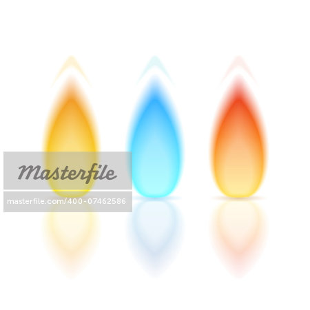 Flame of different colors with reflection on white background, vector eps10 illustration