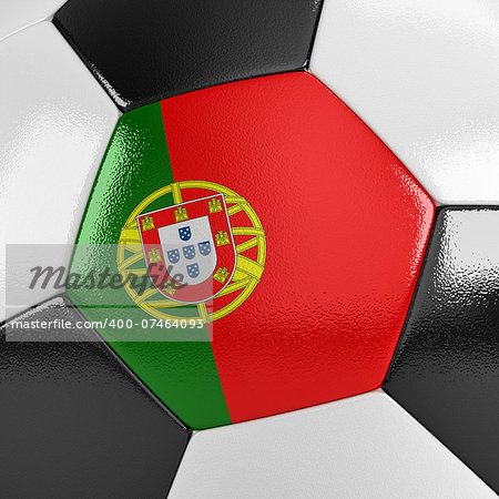 Close up view of a soccer ball with the Portuguese flag on it