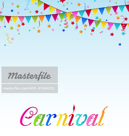 Illustration carnival background with flags, confetti, text  - vector