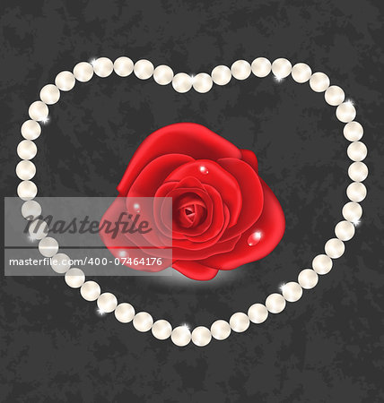 Illustration red rose with heart made in pearl - vector