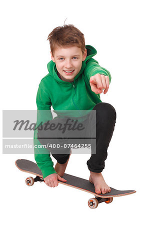 Portrait of a teenage boy with skateboard on white background