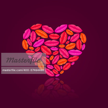 Heart with Reflection Filled With Pink Orange Lips. Vector Illustration on Dark Wine Red Backdrop