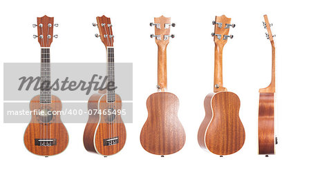 Set of 5 ukulele guitars, studio shot isolated on white background