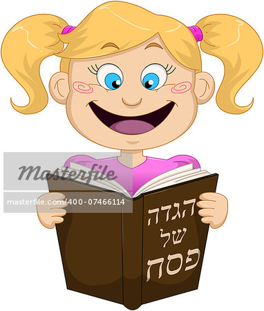 Vector illustration of a girl reading from Haggadah on Passover.