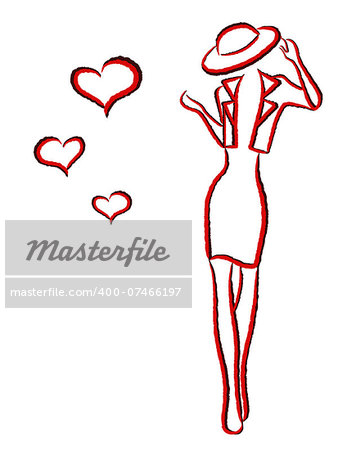 Graceful young woman in hat and jacket with black and red contours isolated on white background with hearts, hand drawing vector illustration