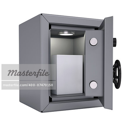 White box in an open metal safe. Box illuminated lamp. Isolated render on a white background