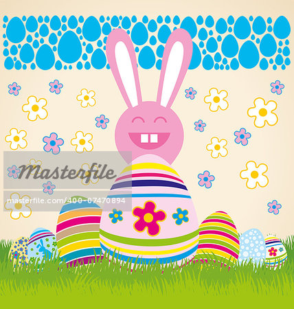 Vector Easter card with eggs of different color, rabbit