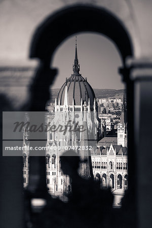 View of Hungarian Parliament Building with customers at Buda Castle restaurant, Budapest, Hungary