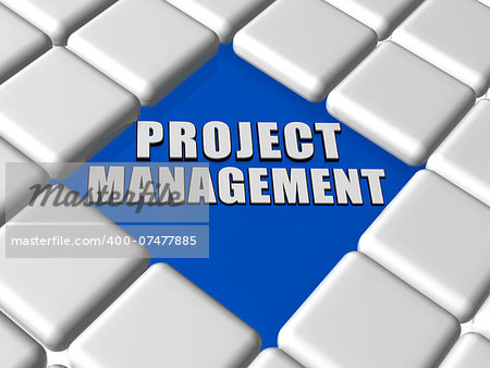 project management - 3d letters over blue between grey boxes keyboard, business growth concept