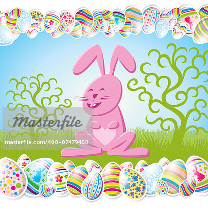 Vector Easter card with eggs of different color, rabbit