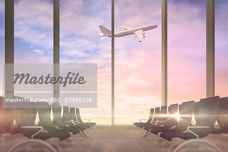 Digitally generated airplane flying past departures lounge window