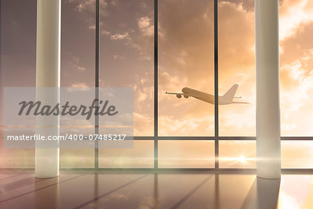 Digitally generated airplane flying past window at sunrise