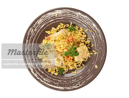 pilaf with chicken on a plate isolated on white