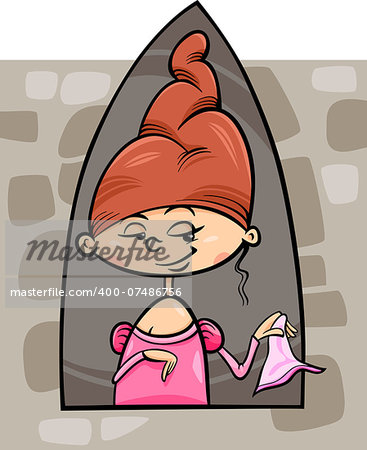 Cartoon Illustration of Cute Beautiful Princess at the Tower Window Fairytale Fantasy Character