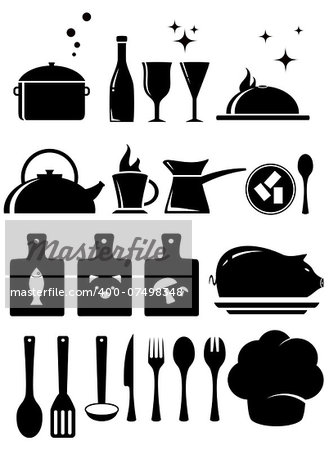set black isolated kitchen tools silhouette on white background