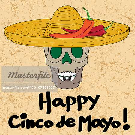 Cinco de mayo hand drawn cartoon illustration of a greeting card with a funny skull with sombrero hat and peppers oven a grungy background